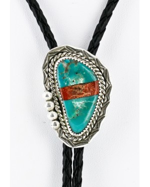 Handmade Certified Authentic Navajo .925 Sterling Silver Inlaid Natural Turquoise Jasper Native American Bolo Tie  24406-2