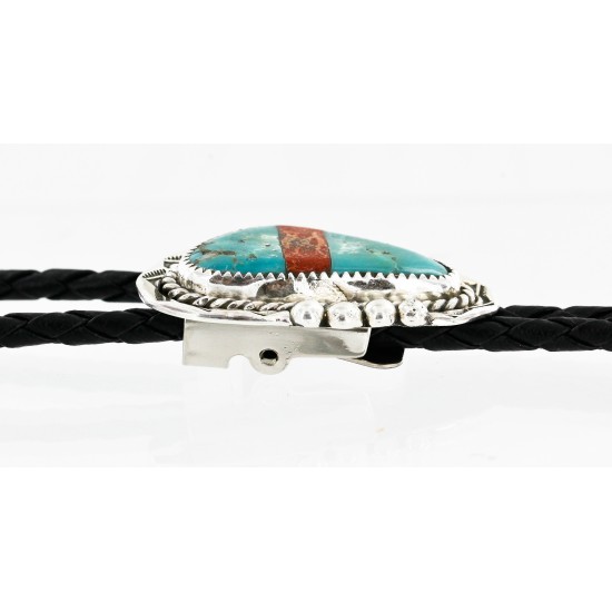Handmade Certified Authentic Navajo .925 Sterling Silver Inlaid Natural Turquoise Jasper Native American Bolo Tie 24406-2 Handmade Certified Authentic Navajo .925 Sterling Silver Inlaid Natural Turquoise Jasper Native American Bolo Tie 24406-2