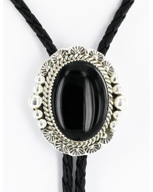 Handmade Certified Authentic Navajo .925 Sterling Silver Natural Black Onyx Native American Bolo Tie  24407-4
