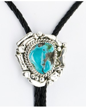 Handmade Certified Authentic Navajo .925 Sterling Silver Natural Turquoise Native American Bolo Tie  24406-1