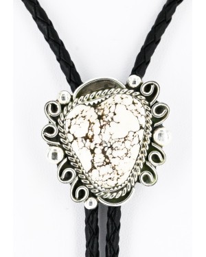 Handmade Certified Authentic Navajo .925 Sterling Silver Natural White Buffalo Native American Bolo Tie  24407-3