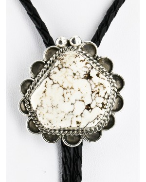 Handmade Certified Authentic Navajo .925 Sterling Silver Natural White Buffalo Native American Bolo Tie  24408-2