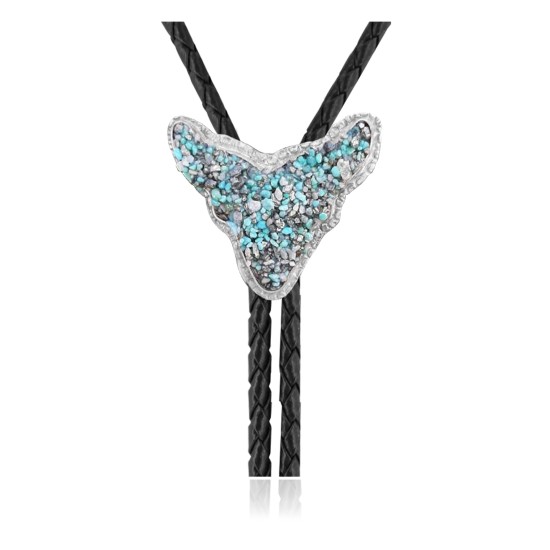 Bull Skull .925 Sterling Silver Certified Authentic Handmade Navajo Native American Natural Turquoise Bolo Tie 34390