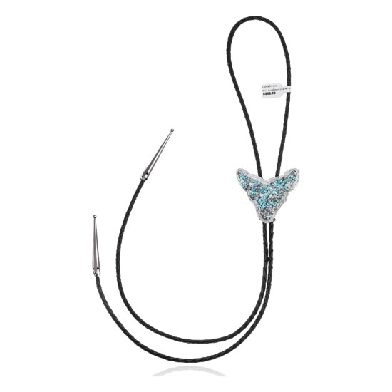 Bull Skull .925 Sterling Silver Certified Authentic Handmade Navajo Native American Natural Turquoise Bolo Tie 34390