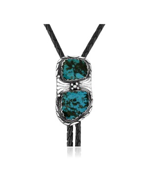Wave .925 Sterling Silver Certified Authentic Handmade Navajo Native American Natural Turquoise Bolo Tie 34394