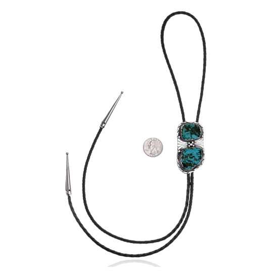 Wave .925 Sterling Silver Certified Authentic Handmade Navajo Native American Natural Turquoise Bolo Tie 34394