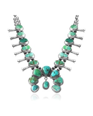 Squash Blossom .925 Sterling Silver Certified Authentic Navajo Native American Natural Turquoise Necklace 35102