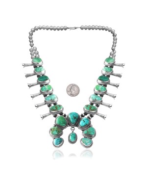 Squash Blossom .925 Sterling Silver Certified Authentic Navajo Native American Natural Turquoise Necklace 35102