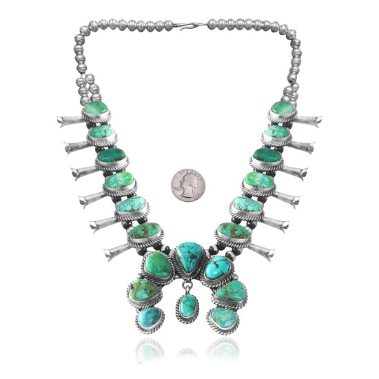 Squash Blossom .925 Sterling Silver Certified Authentic Navajo Native American Natural Turquoise Necklace 35102