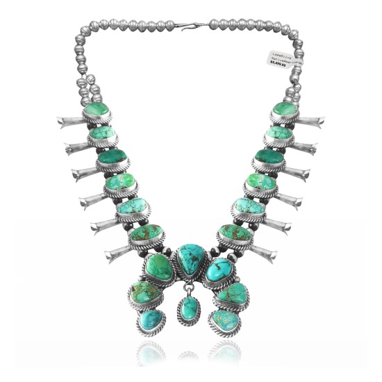 Squash Blossom .925 Sterling Silver Certified Authentic Navajo Native American Natural Turquoise Necklace 35102