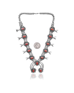 Squash Blossom .925 Sterling Silver Certified Authentic Navajo Native American Coral Necklace 35103