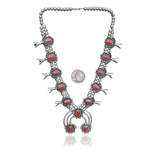 Squash Blossom .925 Sterling Silver Certified Authentic Navajo Native American Coral Necklace 35103