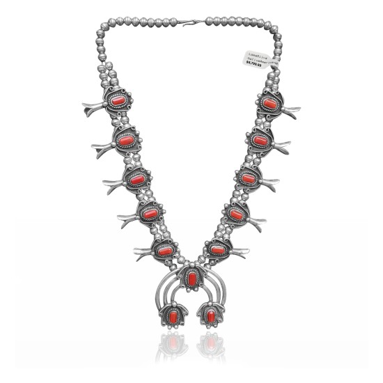 Squash Blossom .925 Sterling Silver Certified Authentic Navajo Native American Coral Necklace 35103