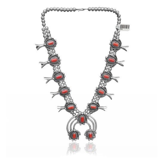 Squash Blossom .925 Sterling Silver Certified Authentic Navajo Native American Coral Necklace 35103