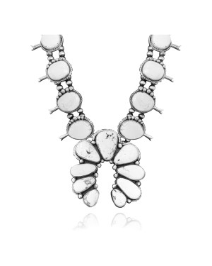 Squash Blossom .925 Sterling Silver Certified Authentic Navajo Native American White Buffalo Necklace 35105