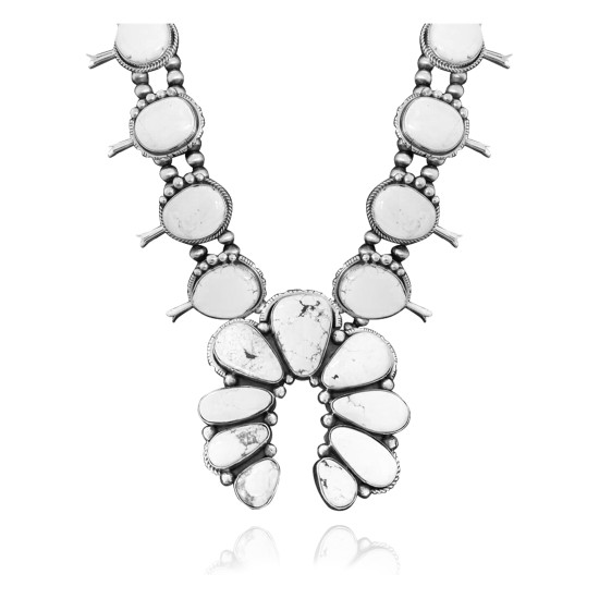 Squash Blossom .925 Sterling Silver Certified Authentic Navajo Native American White Buffalo Necklace 35105