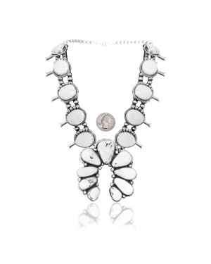 Squash Blossom .925 Sterling Silver Certified Authentic Navajo Native American White Buffalo Necklace 35105