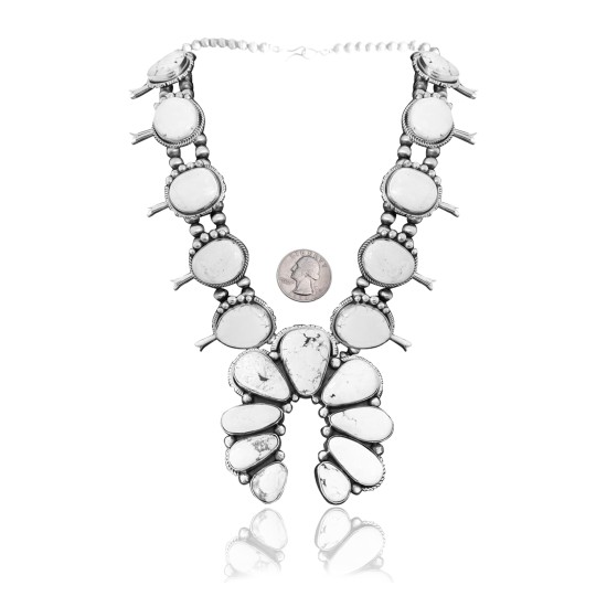 Squash Blossom .925 Sterling Silver Certified Authentic Navajo Native American White Buffalo Necklace 35105