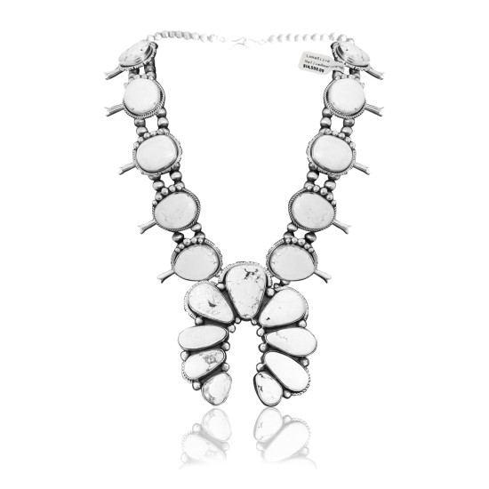 Squash Blossom .925 Sterling Silver Certified Authentic Navajo Native American White Buffalo Necklace 35105