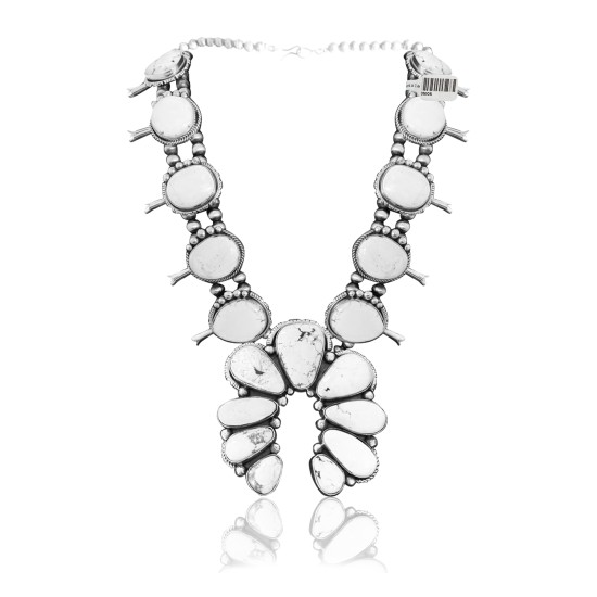 Squash Blossom .925 Sterling Silver Certified Authentic Navajo Native American White Buffalo Necklace 35105
