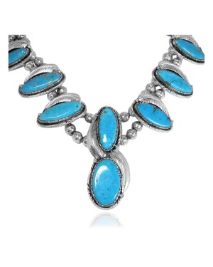 Feather .925 Sterling Silver Certified Authentic Navajo Native American Natural Turquoise Necklace 35106