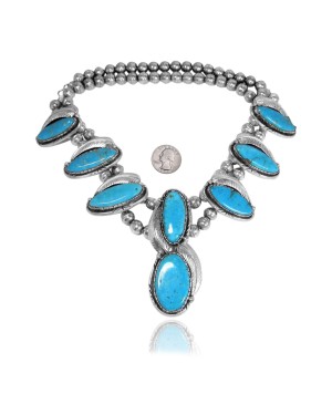 Feather .925 Sterling Silver Certified Authentic Navajo Native American Natural Turquoise Necklace 35106