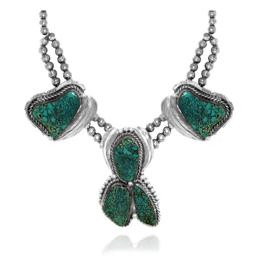 Feather .925 Sterling Silver Certified Authentic Navajo Native American Natural Turquoise Necklace 35108