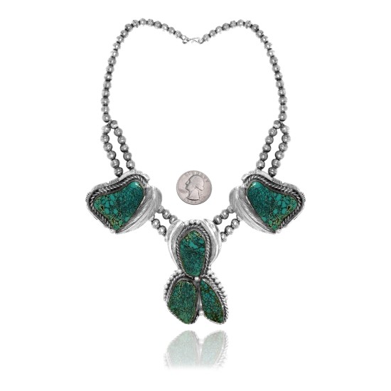 Feather .925 Sterling Silver Certified Authentic Navajo Native American Natural Turquoise Necklace 35108