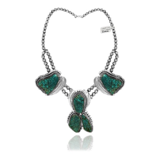 Feather .925 Sterling Silver Certified Authentic Navajo Native American Natural Turquoise Necklace 35108