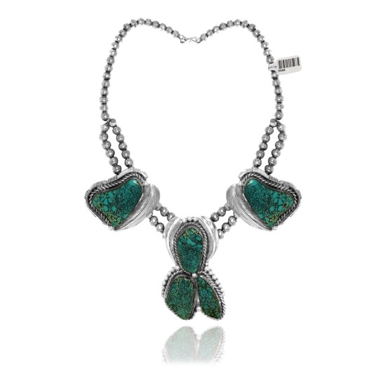Feather .925 Sterling Silver Certified Authentic Navajo Native American Natural Turquoise Necklace 35108