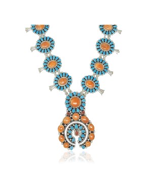 Squash Blossom .925 Sterling Silver Certified Authentic Navajo Native American Natural Turquoise Coral Necklace 35109