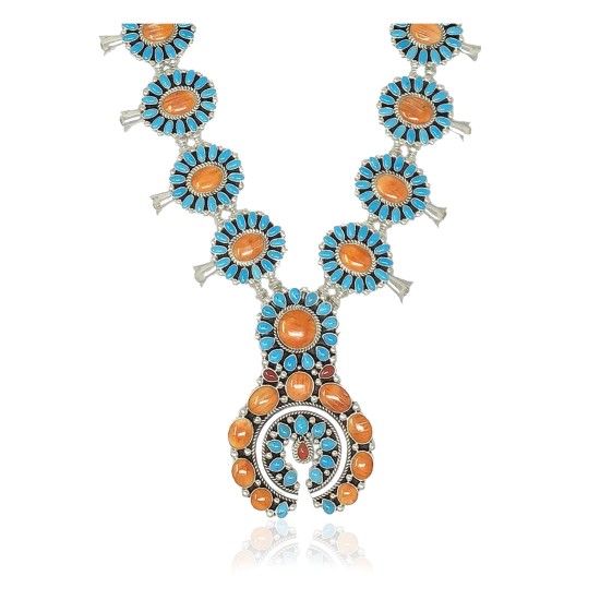 Squash Blossom .925 Sterling Silver Certified Authentic Navajo Native American Natural Turquoise Coral Necklace 35109