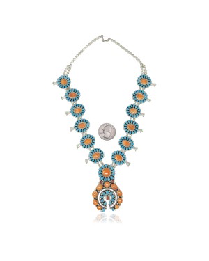 Squash Blossom .925 Sterling Silver Certified Authentic Navajo Native American Natural Turquoise Coral Necklace 35109 Squash Blossom .925 Sterling Silver Certified Authentic Navajo Native American Natural Turquoise Coral Necklace 35109