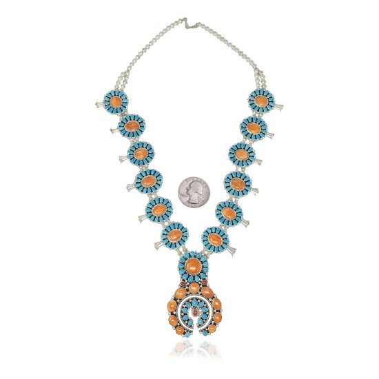 Squash Blossom .925 Sterling Silver Certified Authentic Navajo Native American Natural Turquoise Coral Necklace 35109