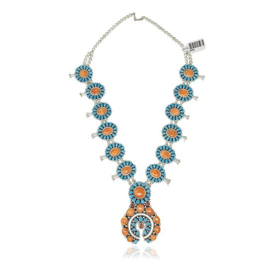 Squash Blossom .925 Sterling Silver Certified Authentic Navajo Native American Natural Turquoise Coral Necklace 35109