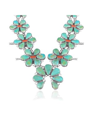 Squash Blossom .925 Sterling Silver Certified Authentic Navajo Native American Natural Turquoise Coral Necklace 35110