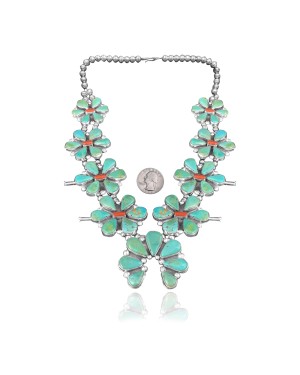 Squash Blossom .925 Sterling Silver Certified Authentic Navajo Native American Natural Turquoise Coral Necklace 35110 Squash Blossom .925 Sterling Silver Certified Authentic Navajo Native American Natural Turquoise Coral Necklace 35110