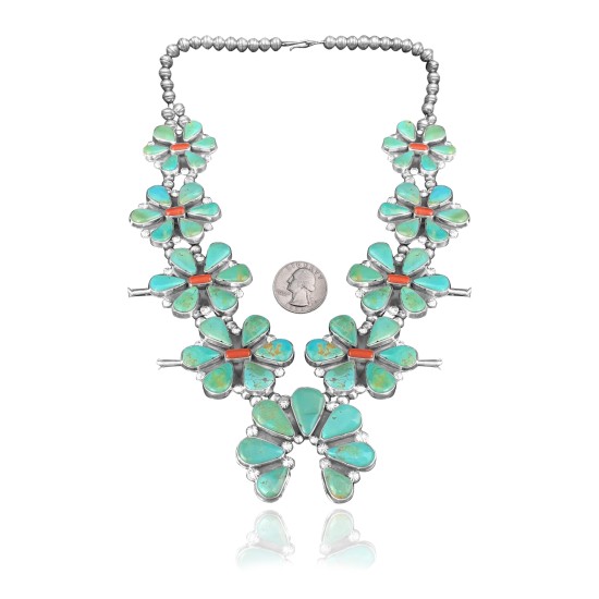 Squash Blossom .925 Sterling Silver Certified Authentic Navajo Native American Natural Turquoise Coral Necklace 35110