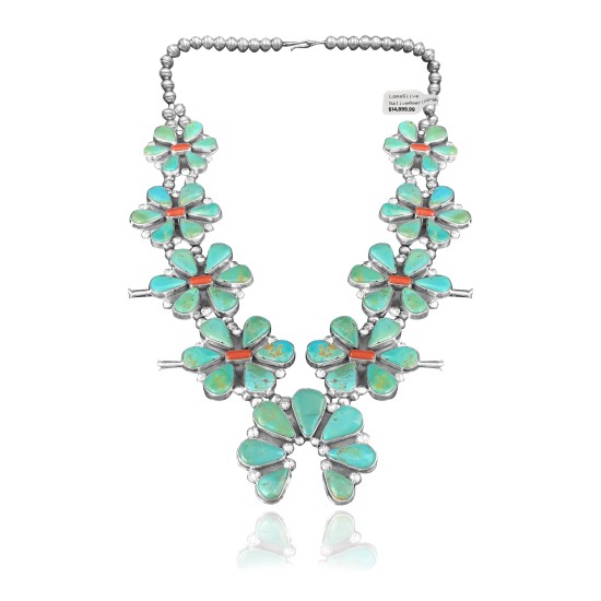 Squash Blossom .925 Sterling Silver Certified Authentic Navajo Native American Natural Turquoise Coral Necklace 35110