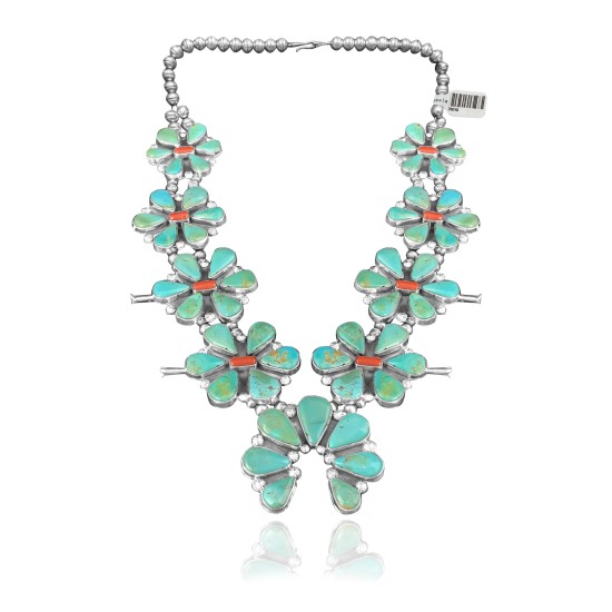 Squash Blossom .925 Sterling Silver Certified Authentic Navajo Native American Natural Turquoise Coral Necklace 35110