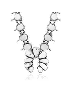 Squash Blossom .925 Sterling Silver Certified Authentic Navajo Native American White Buffalo Necklace 35113