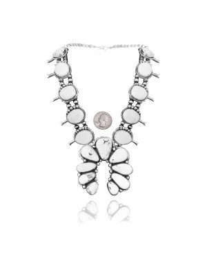 Squash Blossom .925 Sterling Silver Certified Authentic Navajo Native American White Buffalo Necklace 35113