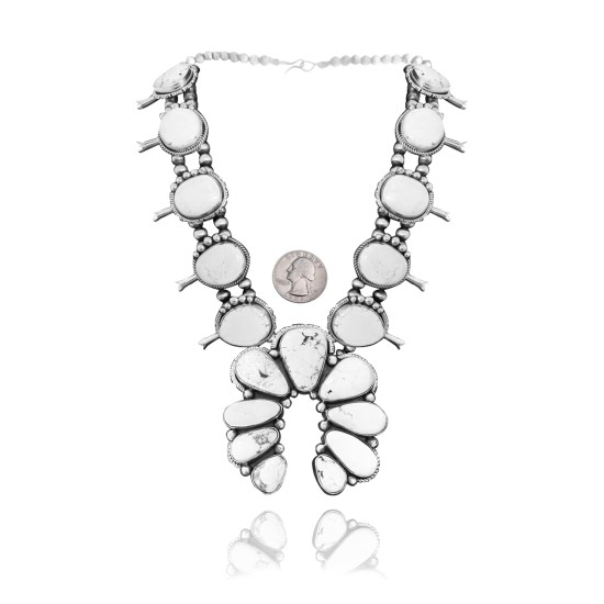 Squash Blossom .925 Sterling Silver Certified Authentic Navajo Native American White Buffalo Necklace 35113