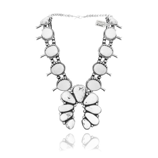 Squash Blossom .925 Sterling Silver Certified Authentic Navajo Native American White Buffalo Necklace 35113