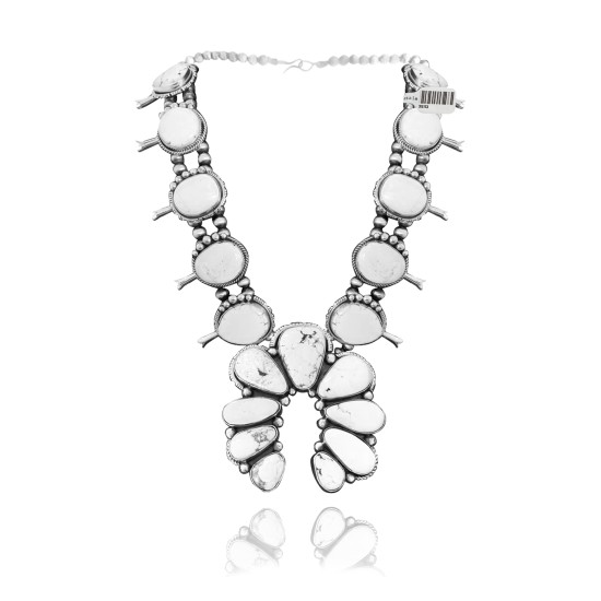Squash Blossom .925 Sterling Silver Certified Authentic Navajo Native American White Buffalo Necklace 35113