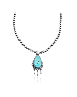 Wave .925 Sterling Silver Certified Authentic Navajo Native American Natural Turquoise Necklace 35112