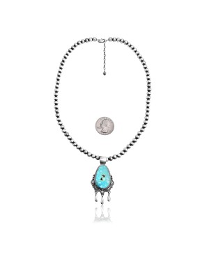 Wave .925 Sterling Silver Certified Authentic Navajo Native American Natural Turquoise Necklace 35112