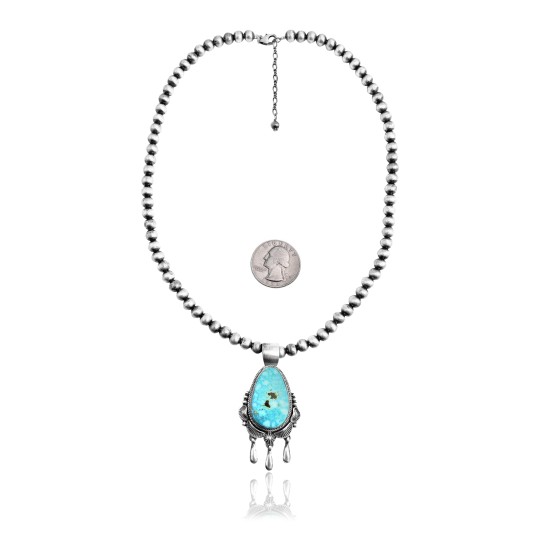 Wave .925 Sterling Silver Certified Authentic Navajo Native American Natural Turquoise Necklace 35112