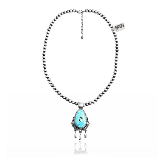 Wave .925 Sterling Silver Certified Authentic Navajo Native American Natural Turquoise Necklace 35112