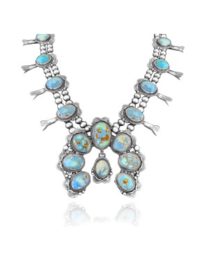 Squash Blossom .925 Sterling Silver Certified Authentic Navajo Native American Natural Turquoise Necklace 35114